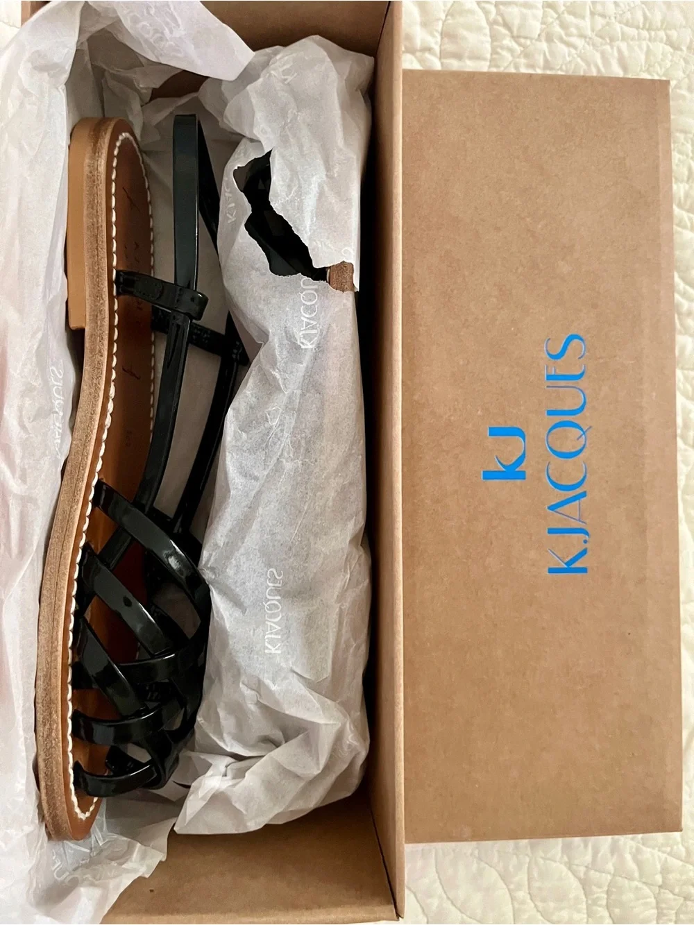 NIB Dôen and K.Jacques Black Patent Leather Peche Sandals in Noir Size 39